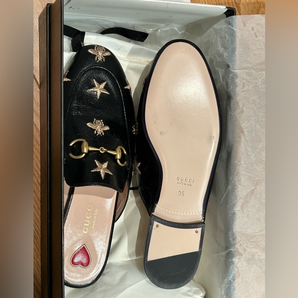 Gucci Women’s Princetown Star Embroidered Leather Loafers - Size 35